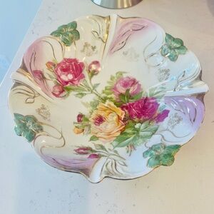 Antique PS Bavaria Schumann Germany 10” Porcelain Floral Centerpiece Bowl Gold